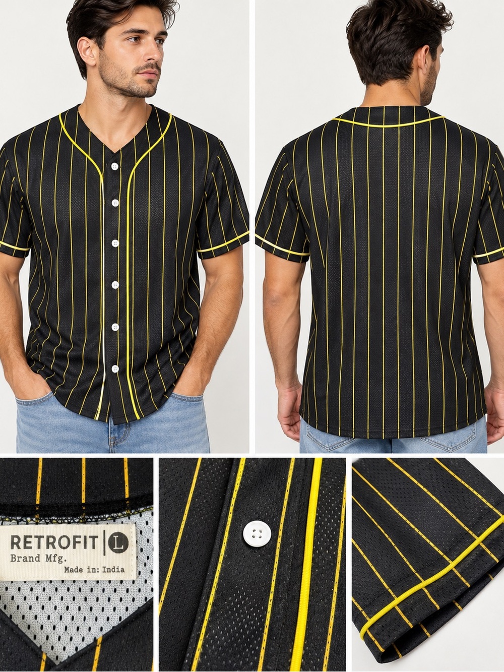 Retrofit Black Baseball Jersey with Yellow Pinstripes